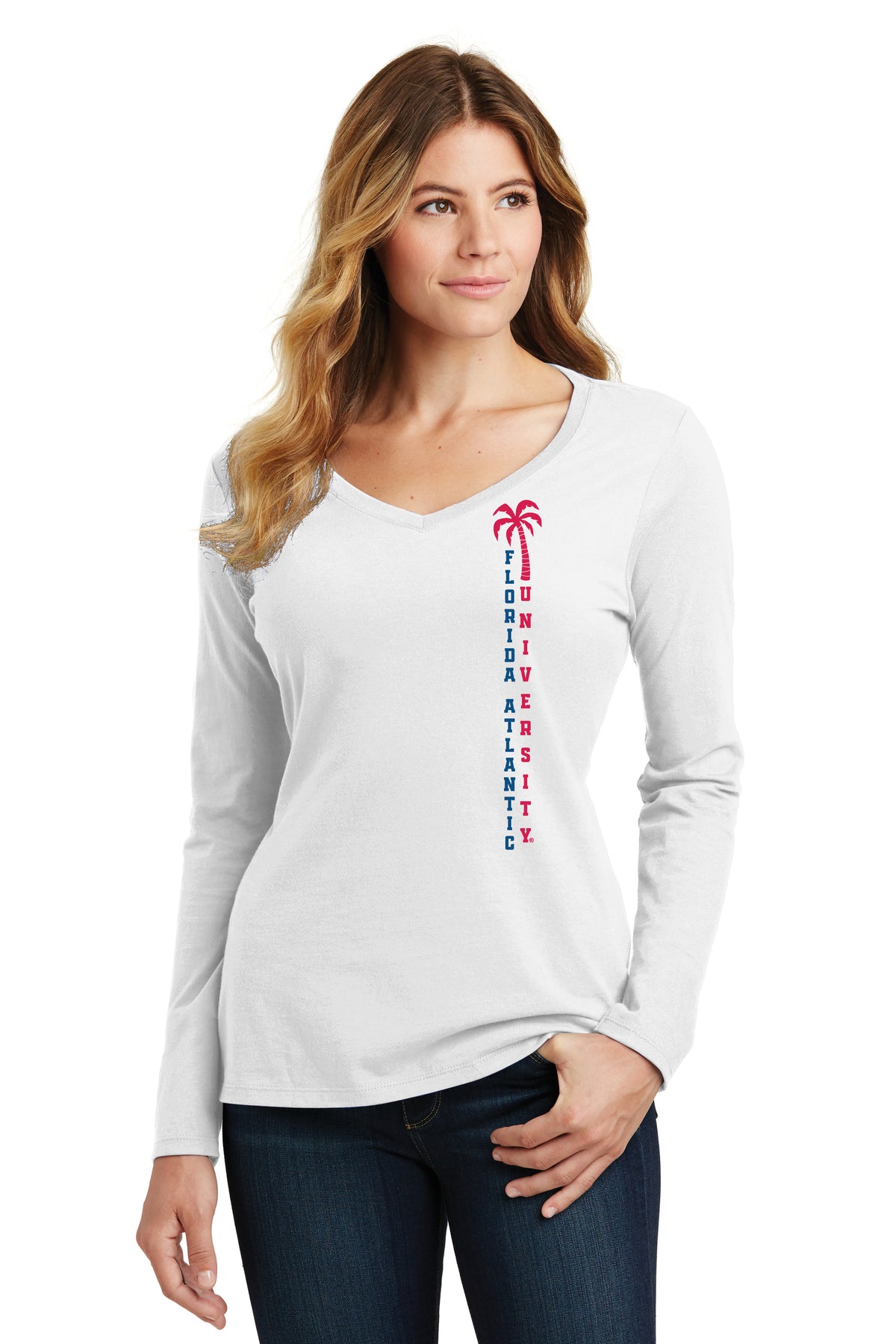 Women's Florida Atlantic Owls Long Sleeve V-Neck Tee Shirt - FAU Vertical Palm Tree