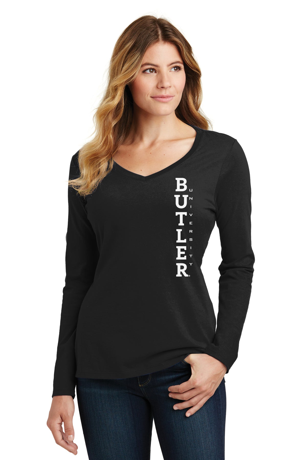 Women's Butler Bulldogs Long Sleeve V-Neck Tee Shirt - Vertical Butler University