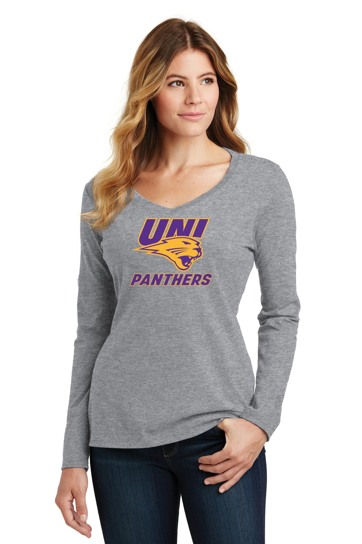 Women's Northern Iowa Panthers Long Sleeve V-Neck Tee Shirt - Purple and Gold Primary Logo