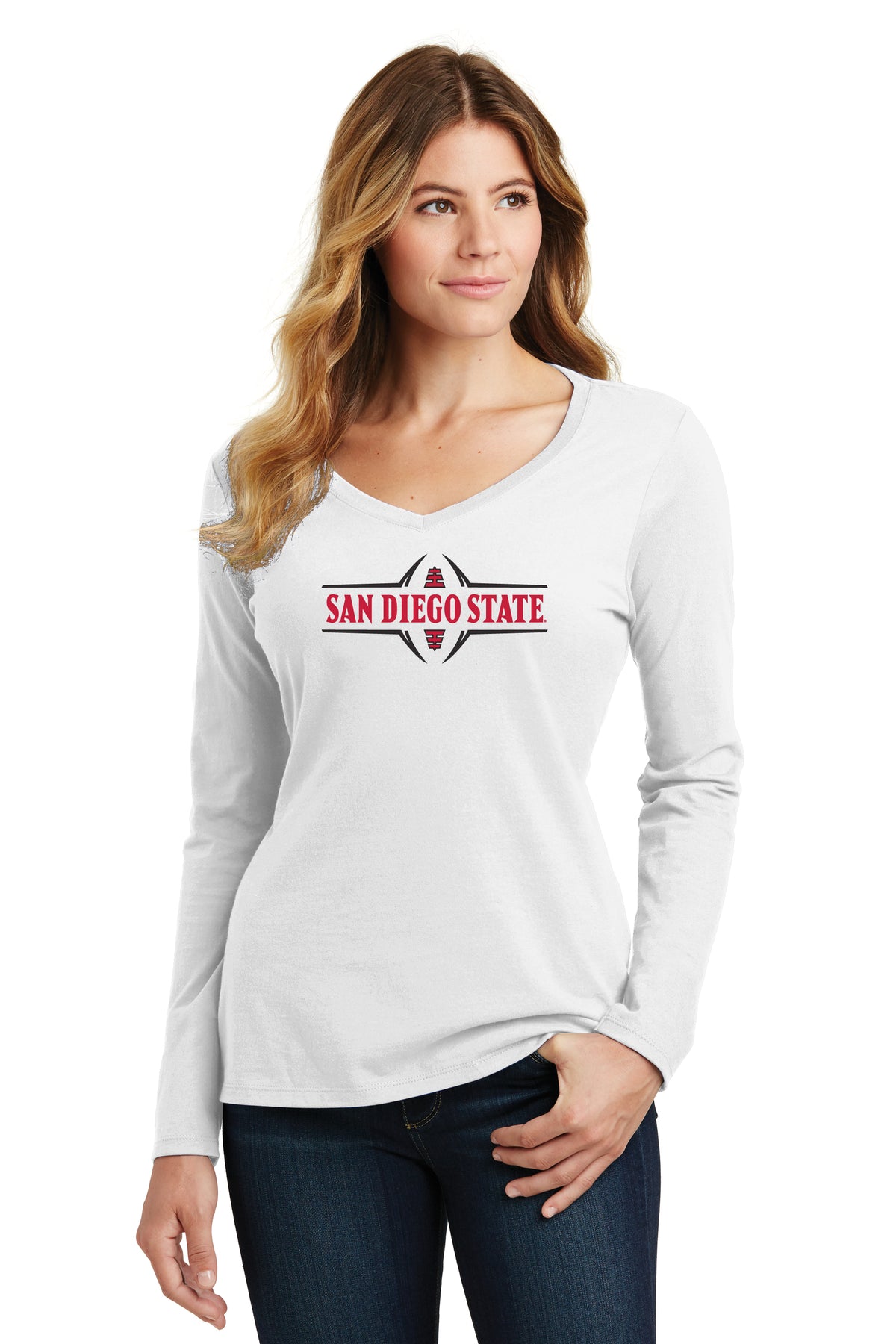 Women's San Diego State Aztecs Long Sleeve V-Neck Tee Shirt - Football Laces