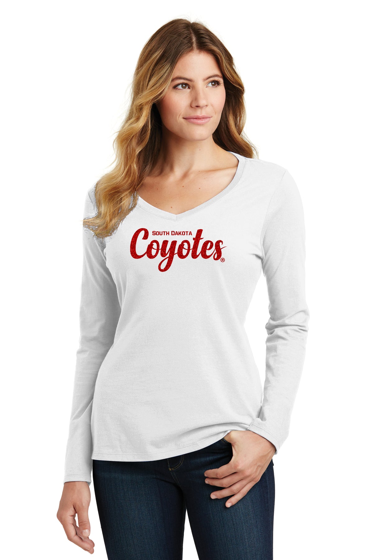 Women's South Dakota Coyotes Long Sleeve V-Neck Tee Shirt - Red Glitter Script Coyotes