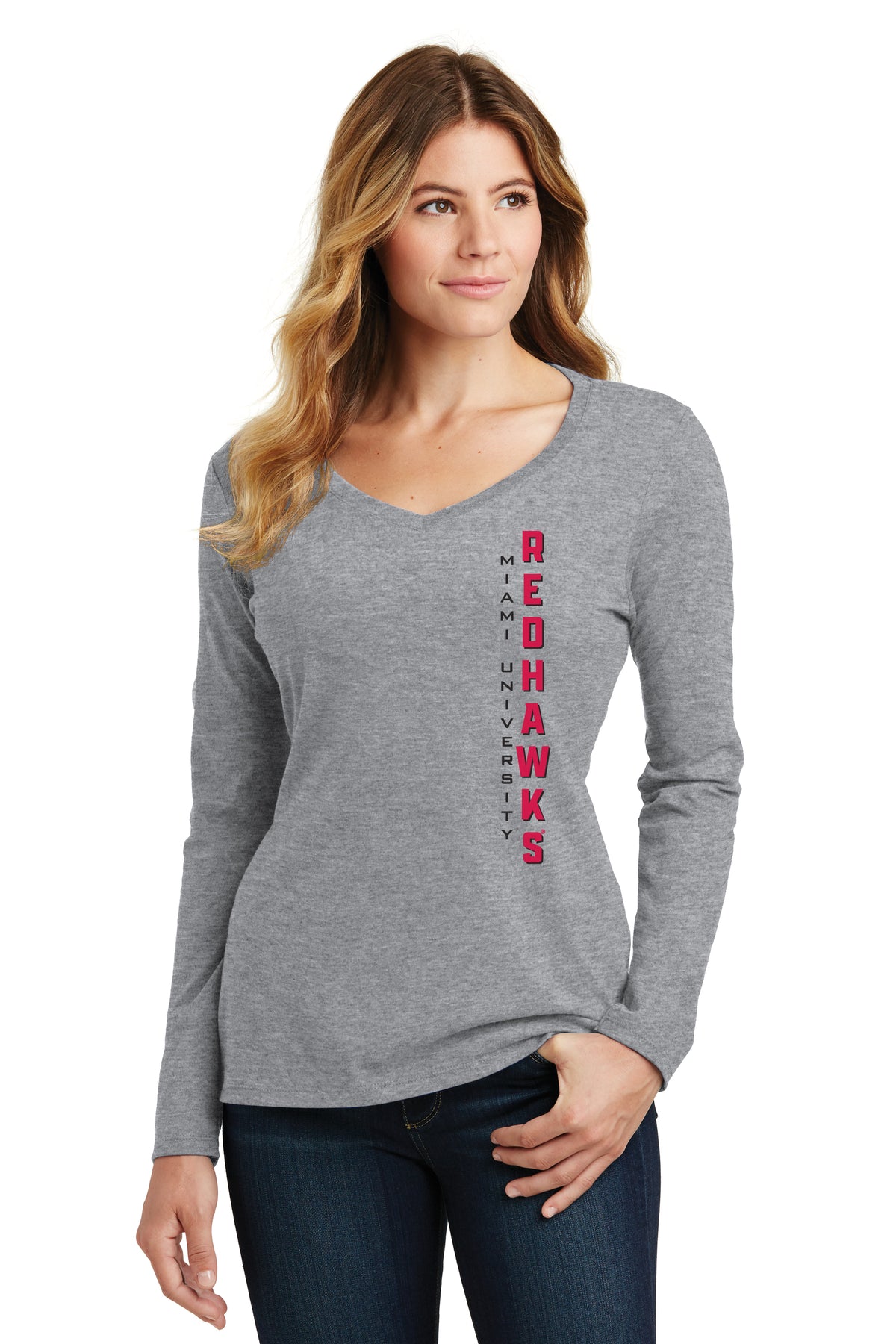 Women's Miami University RedHawks Long Sleeve V-Neck Tee Shirt - Vert Miami University Redhawks
