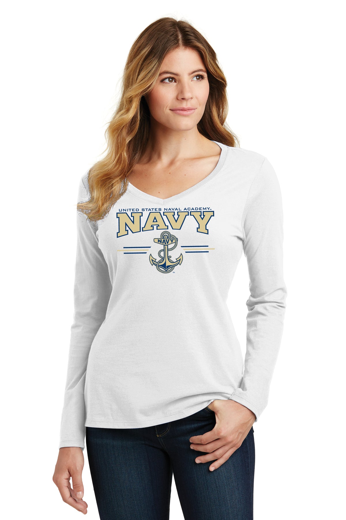 Women's Navy Midshipmen Long Sleeve V-Neck Tee Shirt - U.S. Navy 3 Stripe Anchor Logo