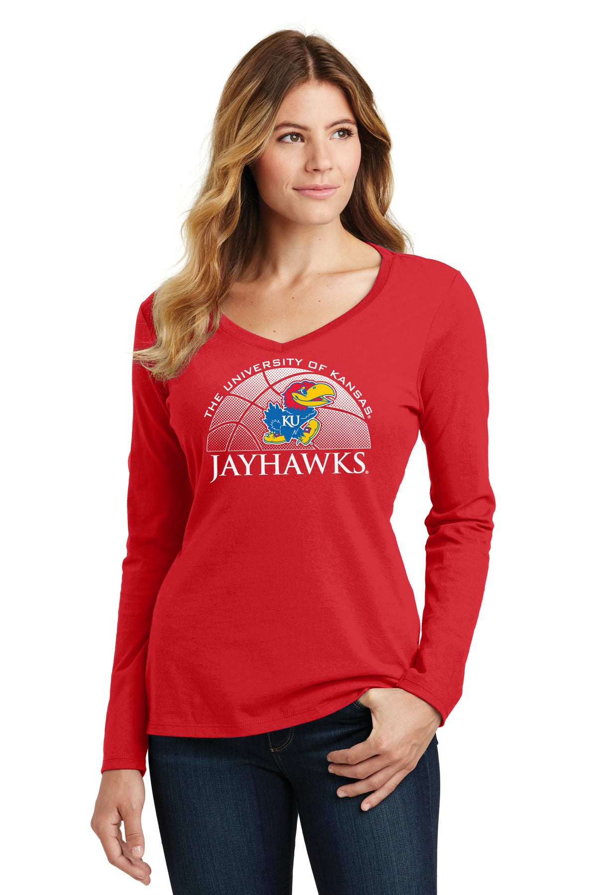 Women's Kansas Jayhawks Long Sleeve V-Neck Tee Shirt - Kansas Basketball Primary Logo
