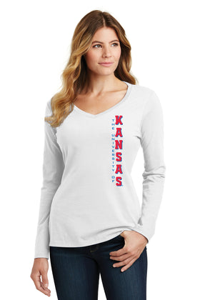Women's Kansas Jayhawks Long Sleeve V-Neck Tee Shirt - Vertical University of Kansas