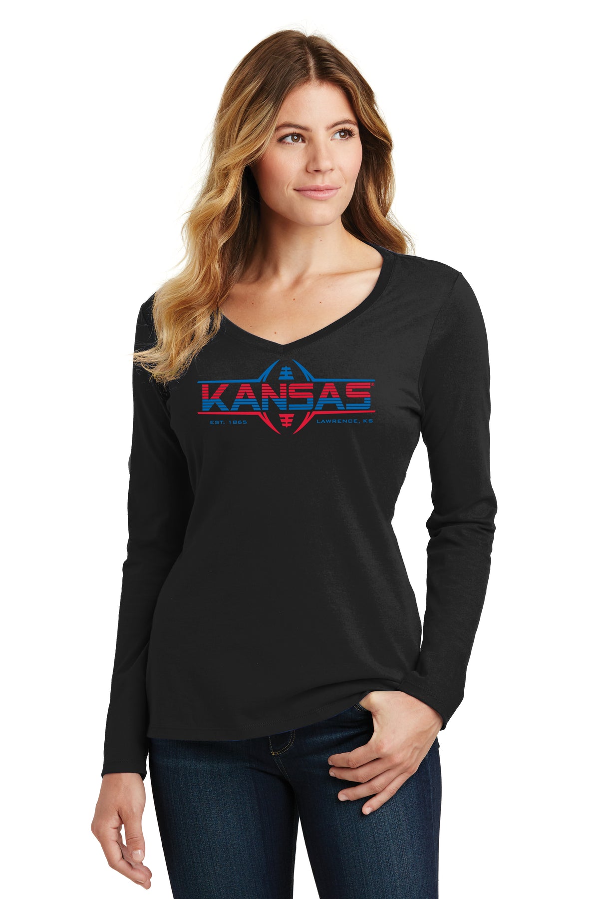 Women's Kansas Jayhawks Long Sleeve V-Neck Tee Shirt - Kansas Football Laces