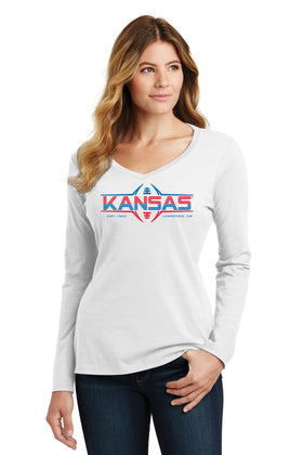 Women's Kansas Jayhawks Long Sleeve V-Neck Tee Shirt - Kansas Football Laces