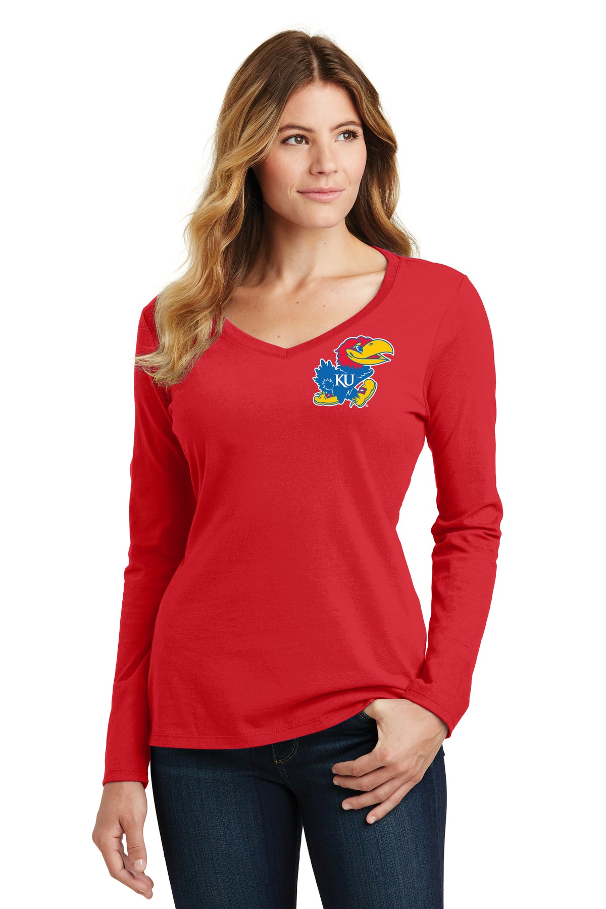 Women's Kansas Jayhawks Long Sleeve V-Neck Tee Shirt - Lone Kansas Jayhawk