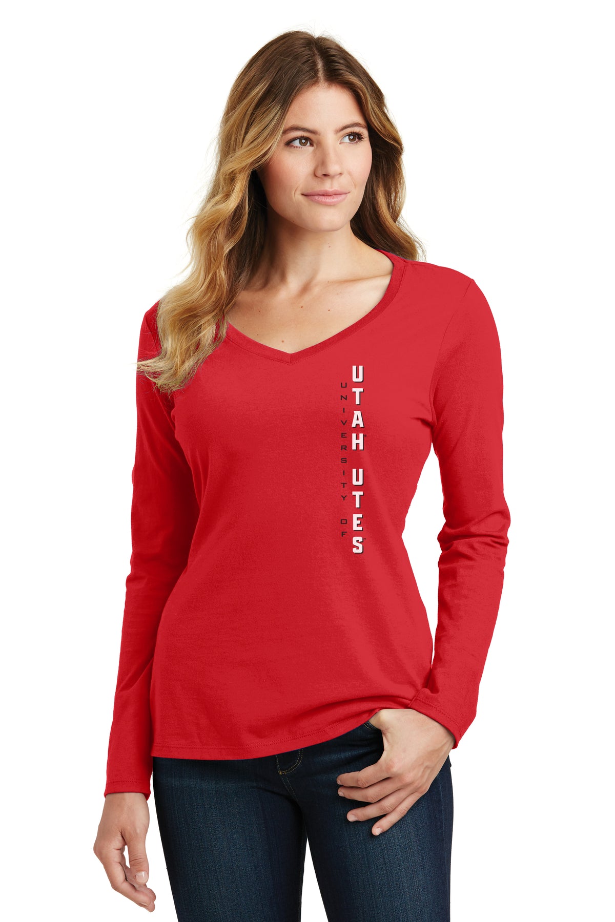 Women's Utah Utes Long Sleeve V-Neck Tee Shirt - Vertical University of Utah Utes