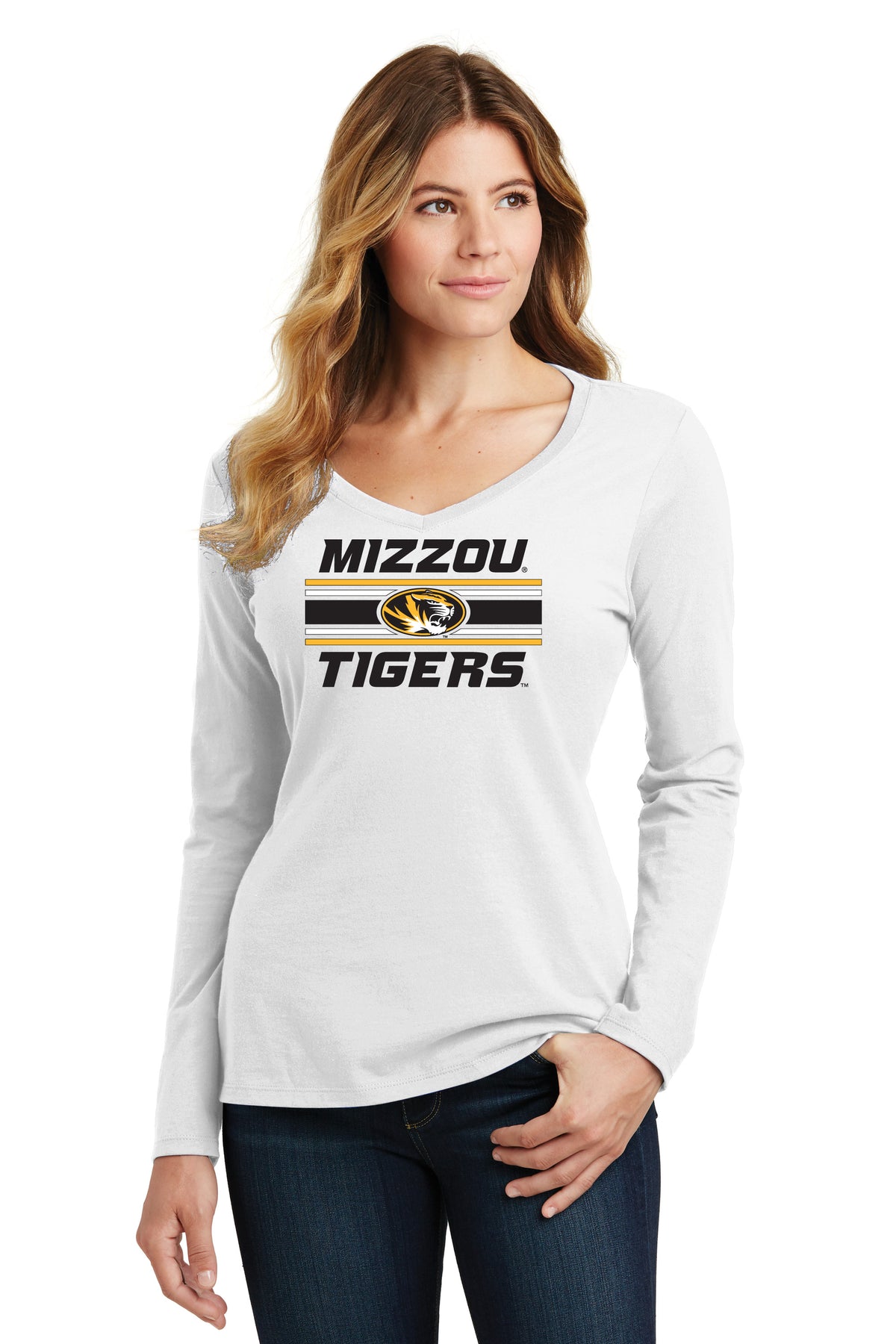 Women's Missouri Tigers Long Sleeve V-Neck Tee Shirt - Horiz Stripe Mizzou Tigers