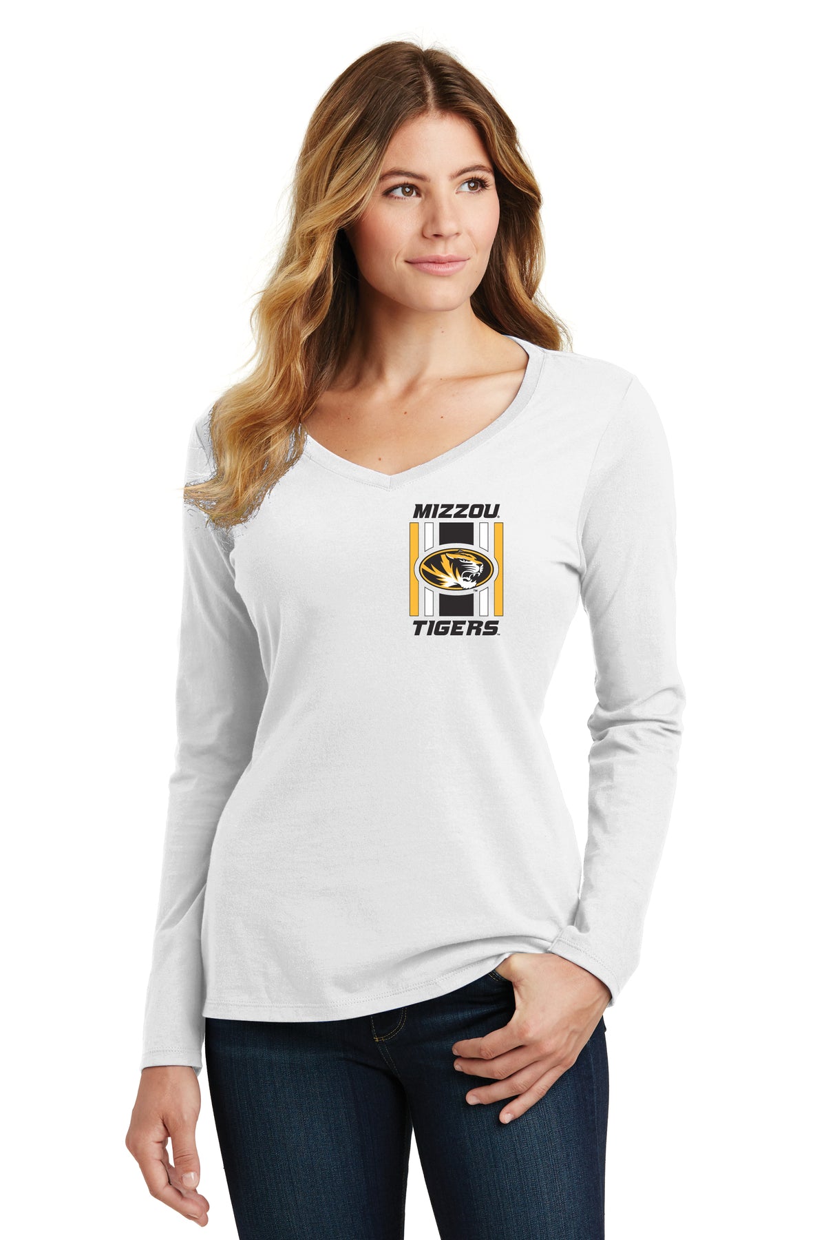 Women's Missouri Tigers Long Sleeve V-Neck Tee Shirt - Vert Stripe Mizzou Tigers