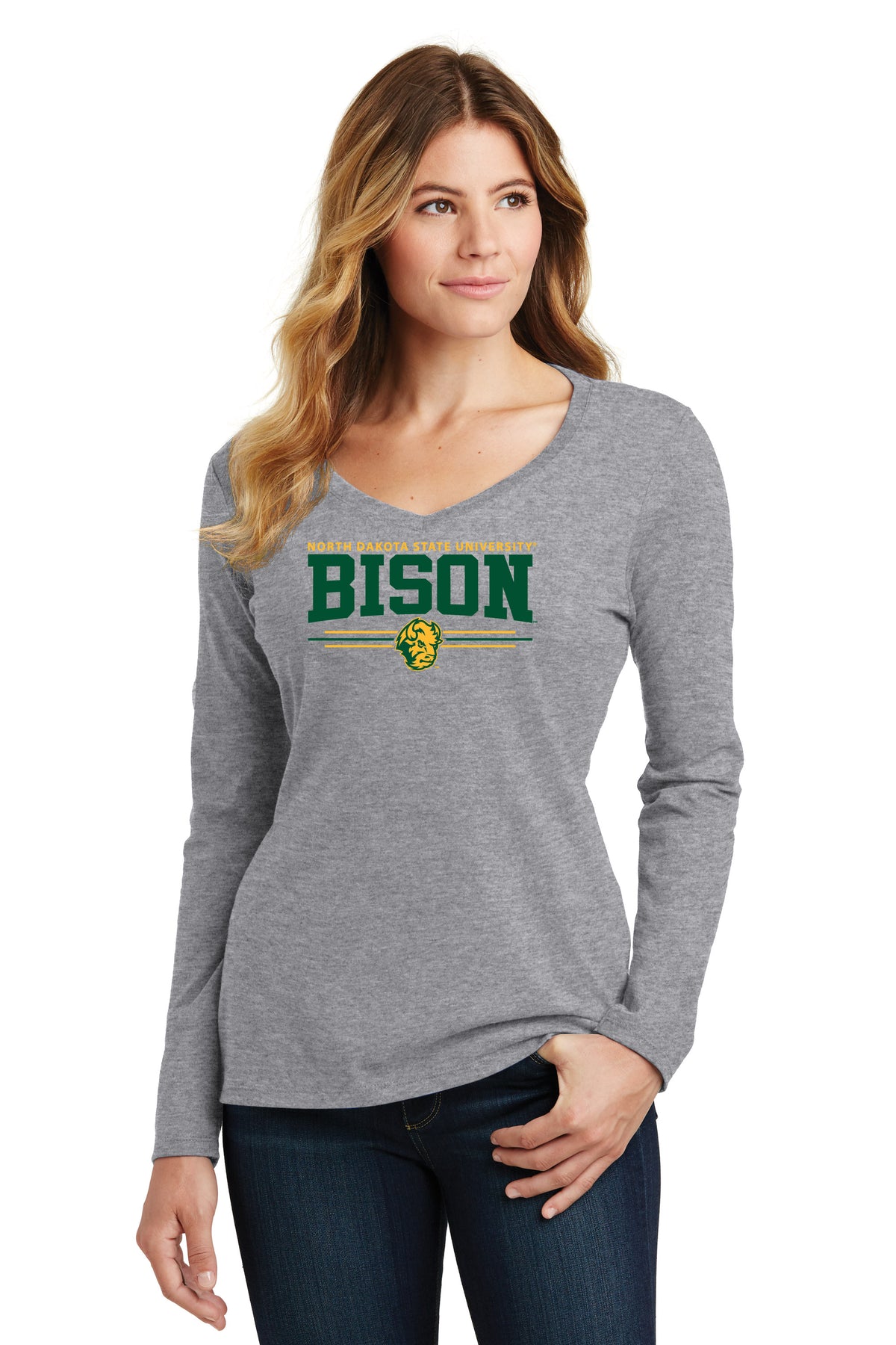 Women's NDSU Bison Long Sleeve V-Neck Tee Shirt - NDSU Bison 3-Stripe