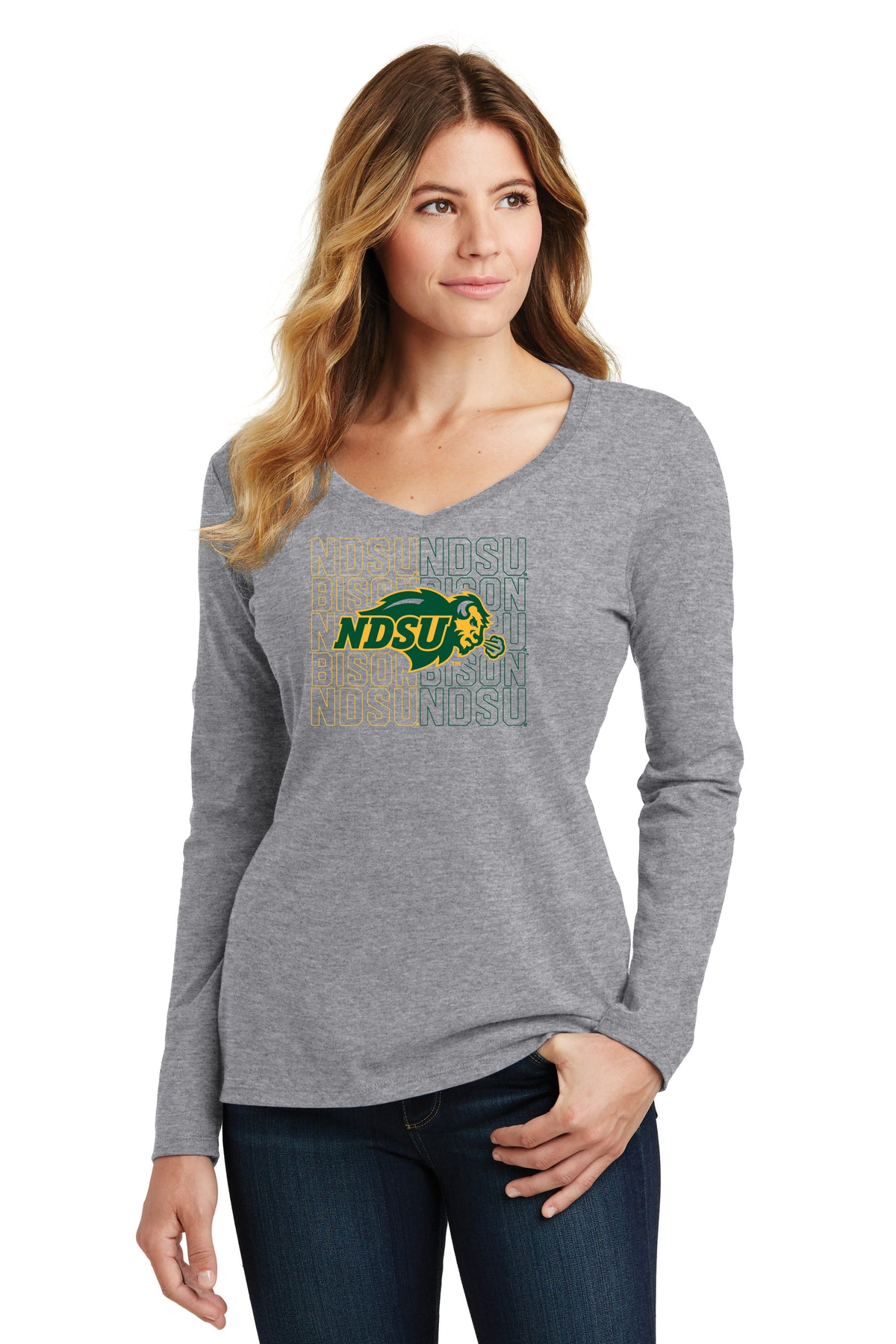 Women's NDSU Bison Long Sleeve V-Neck Tee Shirt - NDSU Bison Logo Overlay