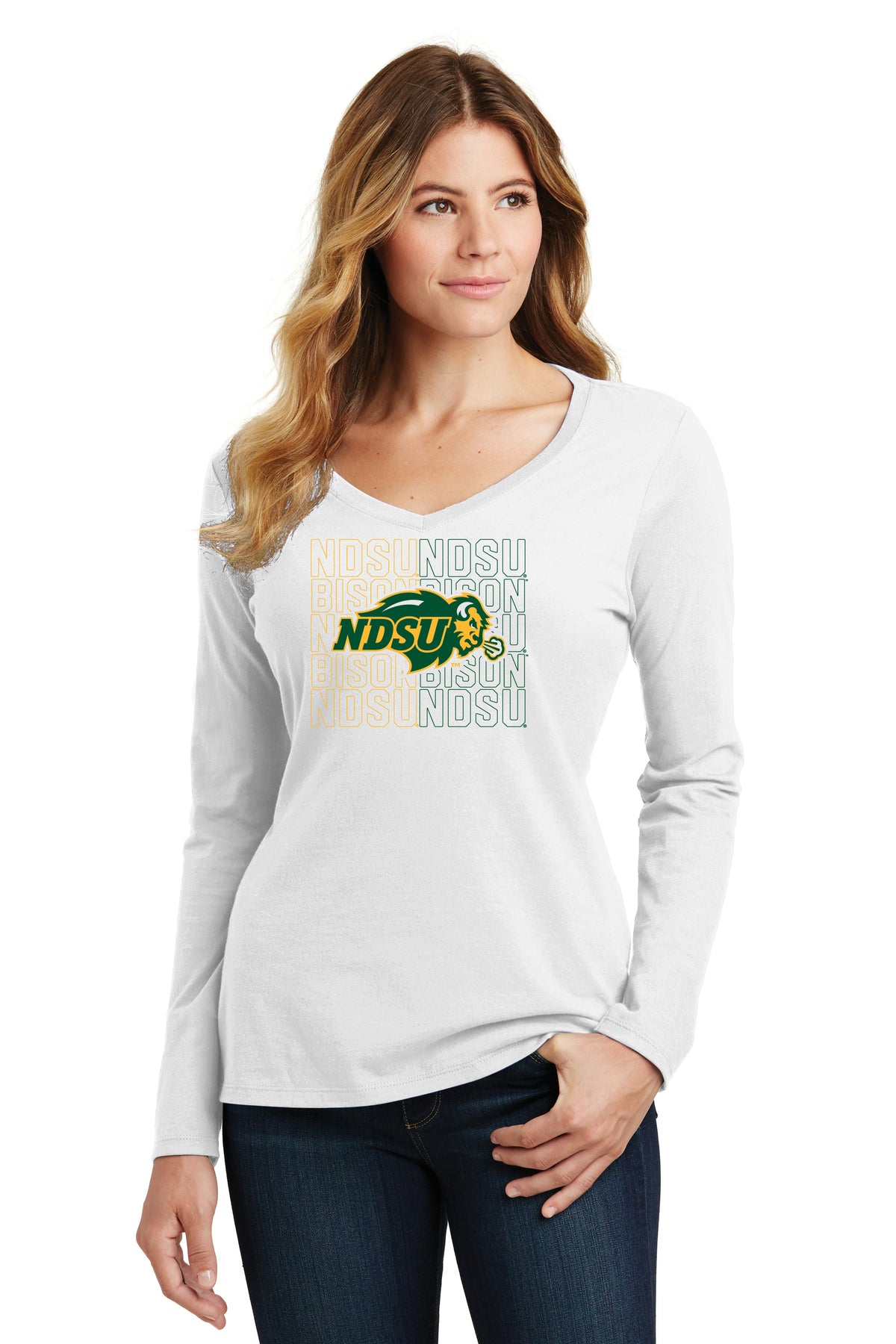 Women's NDSU Bison Long Sleeve V-Neck Tee Shirt - NDSU Bison Logo Overlay