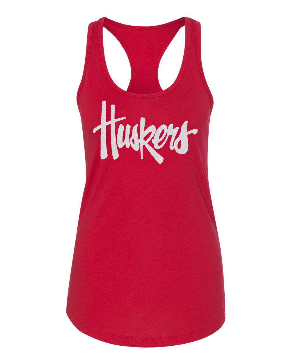 Women's Nebraska Legacy Script Glitter "Huskers" Racerback Tank Top