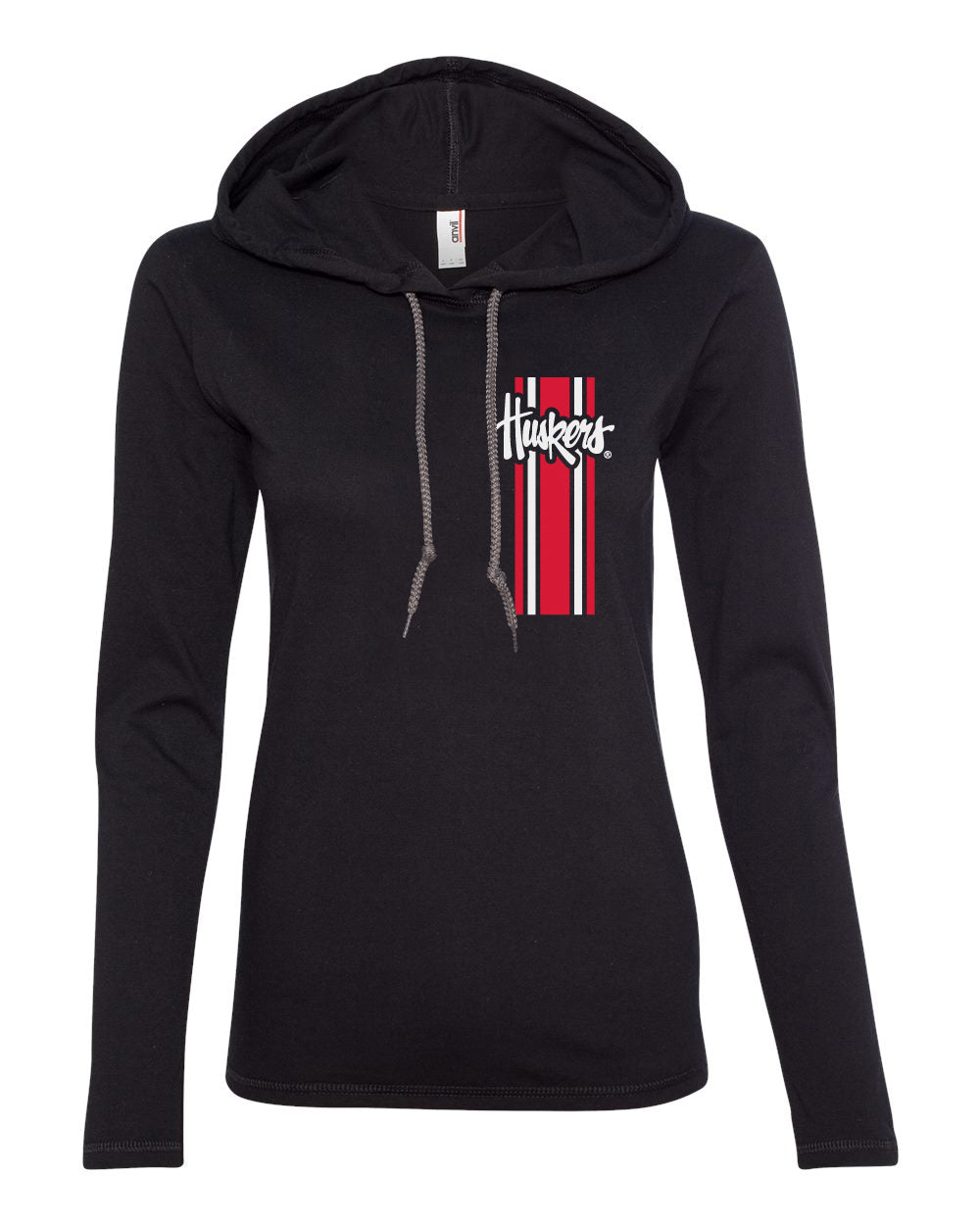 Women's Nebraska Husker Tee Shirt Long Sleeve Hooded - Vertical Stripe Script Huskers