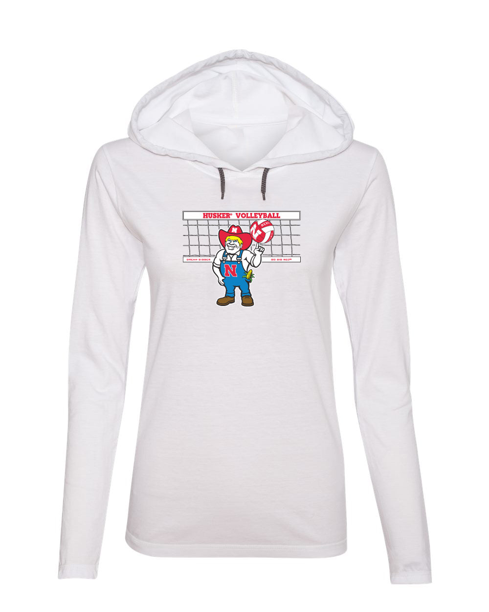 Women's Nebraska Huskers Long Sleeve Hooded Tee Shirt - Nebraska Volleyball with Herbie Husker