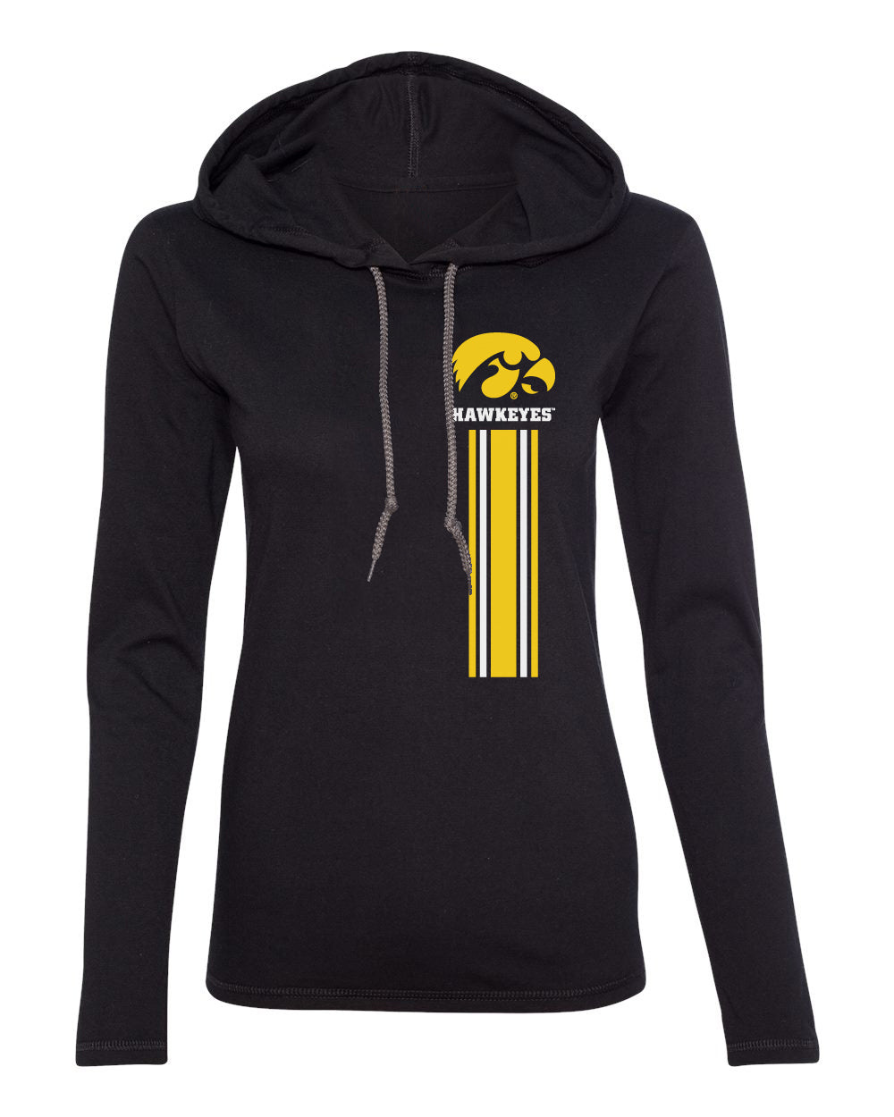 Women's Iowa Hawkeyes Long Sleeve Hooded Tee Shirt - IOWA Hawkeyes Vertical Stripe with Tigerhawk
