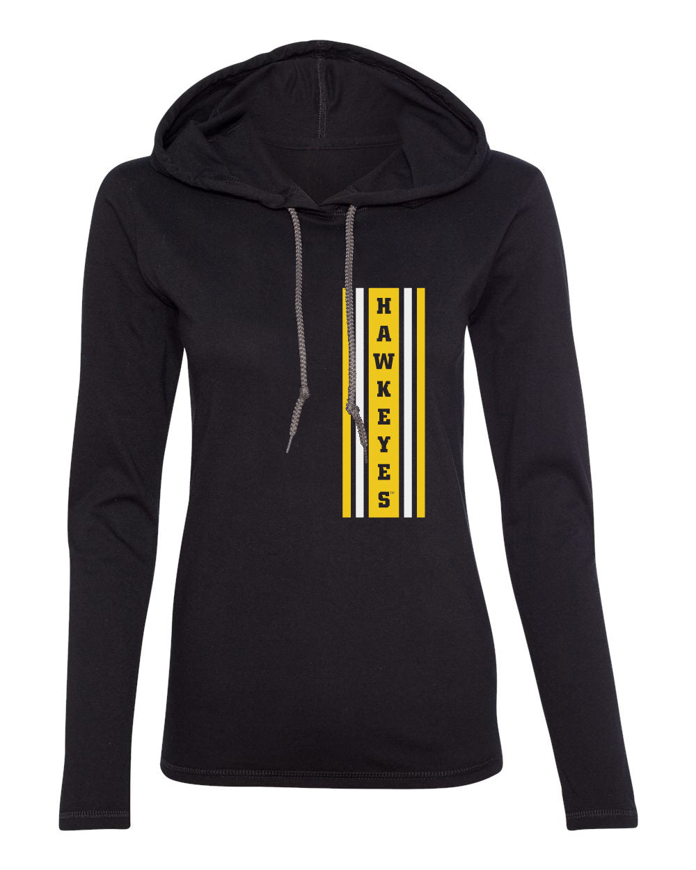 Women's Iowa Hawkeyes Long Sleeve Hooded Tee Shirt - Vertical Stripe with HAWKEYES