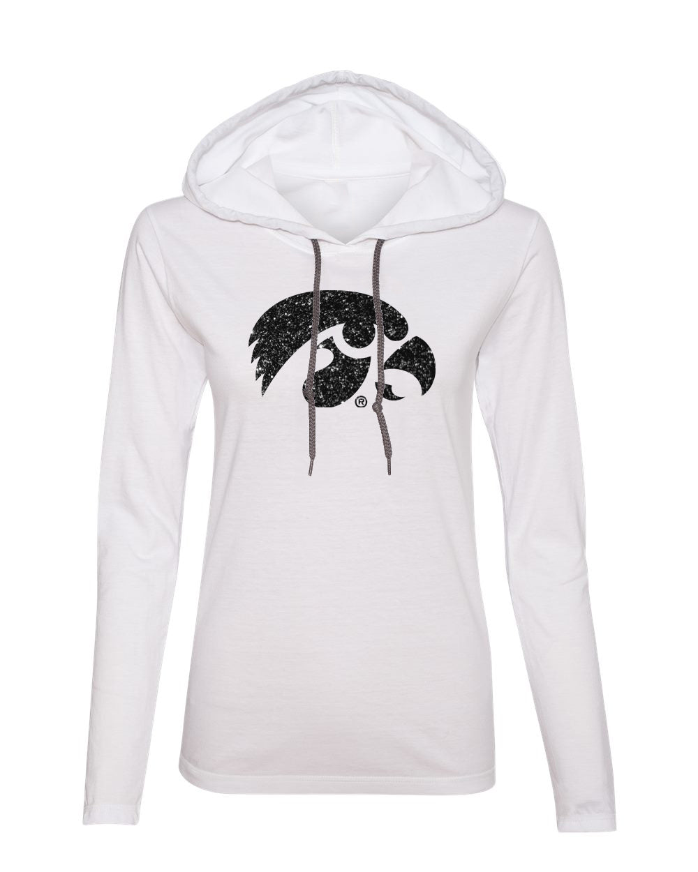 Women's Iowa Hawkeyes Long Sleeve Hooded Tee Shirt - Tigerhawk Logo in Black Glitter