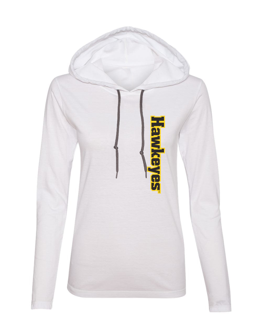 Women's Iowa Hawkeyes Long Sleeve Hooded Tee Shirt - Vertical Offset Hawkeyes on White