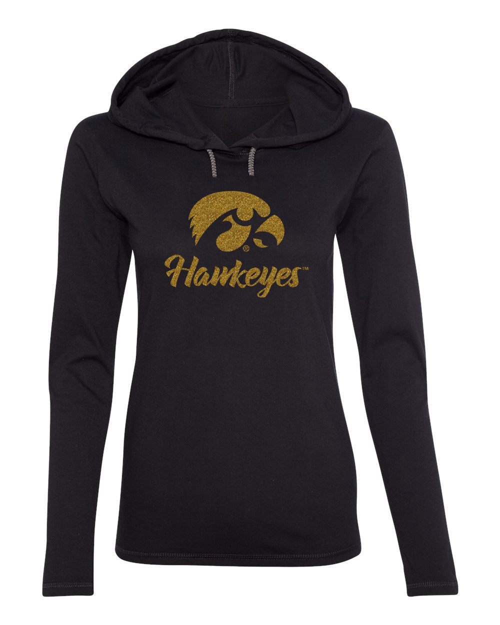 Women's Iowa Hawkeyes Long Sleeve Hooded Tee Shirt - Tigerhawk and Script Hawkeyes in Gold Glitter