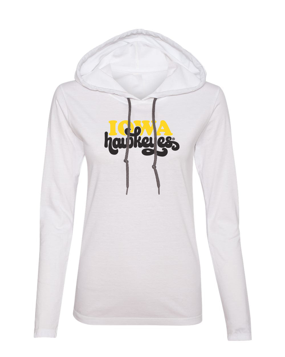 Women's Iowa Hawkeyes Long Sleeve Hooded Tee Shirt - Retro Iowa Script Hawkeyes