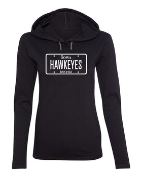 Women's Iowa Hawkeyes Long Sleeve Hooded Tee Shirt - Blackout Hawkeyes License Plate