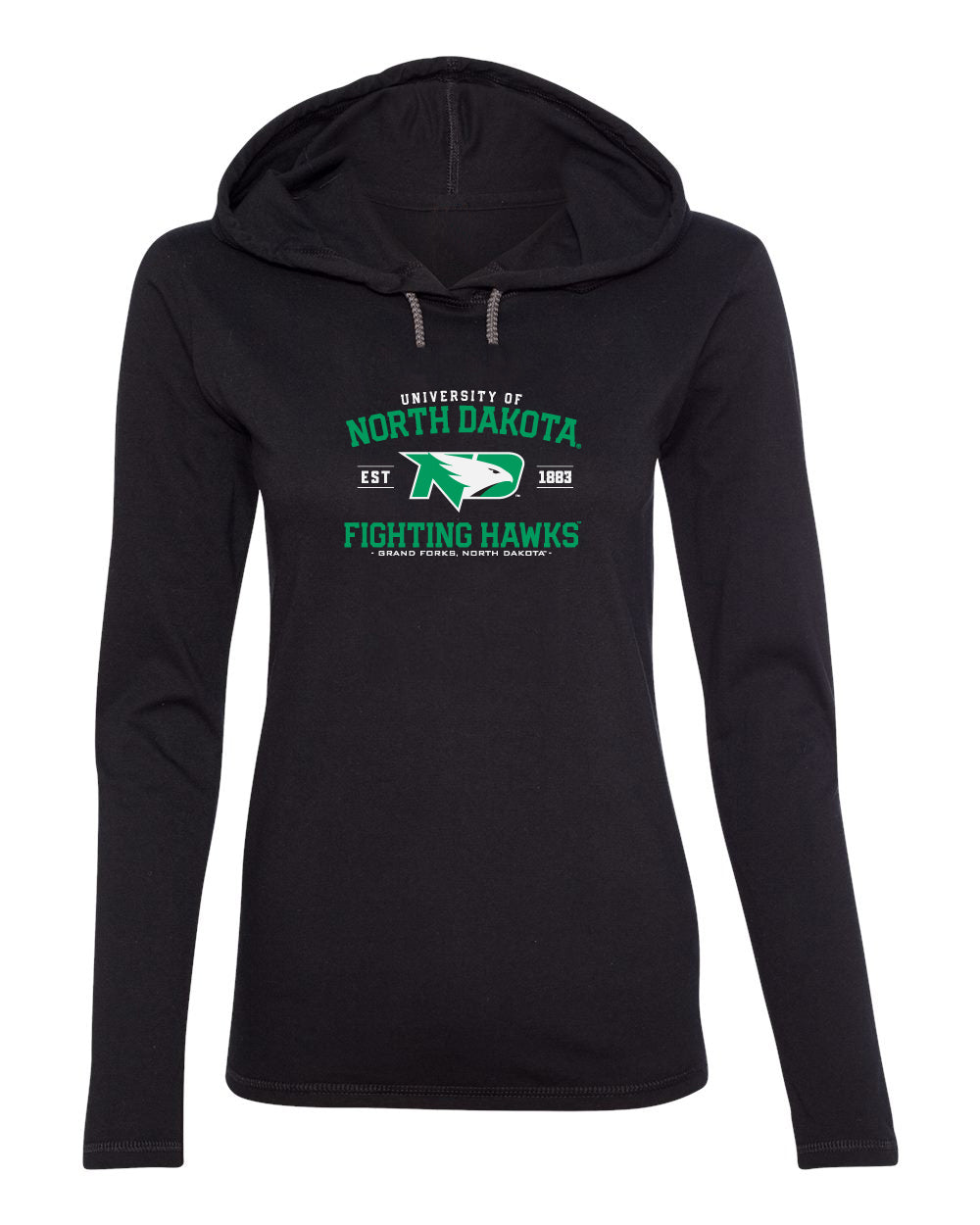 Women's North Dakota Fighting Hawks Long Sleeve Hooded Tee Shirt - North Dakota Arch Primary Logo