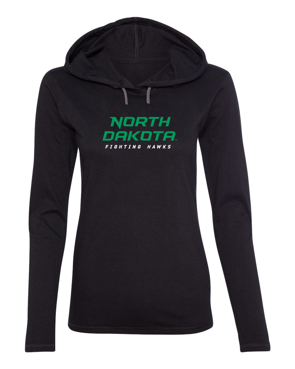 Women's North Dakota Fighting Hawks Long Sleeve Hooded Tee Shirt - Official Stacked UND Word Mark