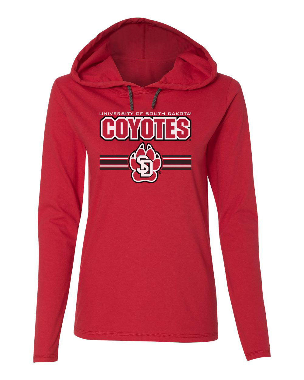 Women's South Dakota Coyotes Long Sleeve Hooded Tee Shirt - USD Coyotes Stripe Paw Print