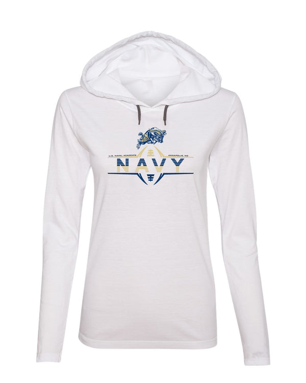 Women's Navy Midshipmen Long Sleeve Hooded Tee Shirt - Navy Football Laces and Goat