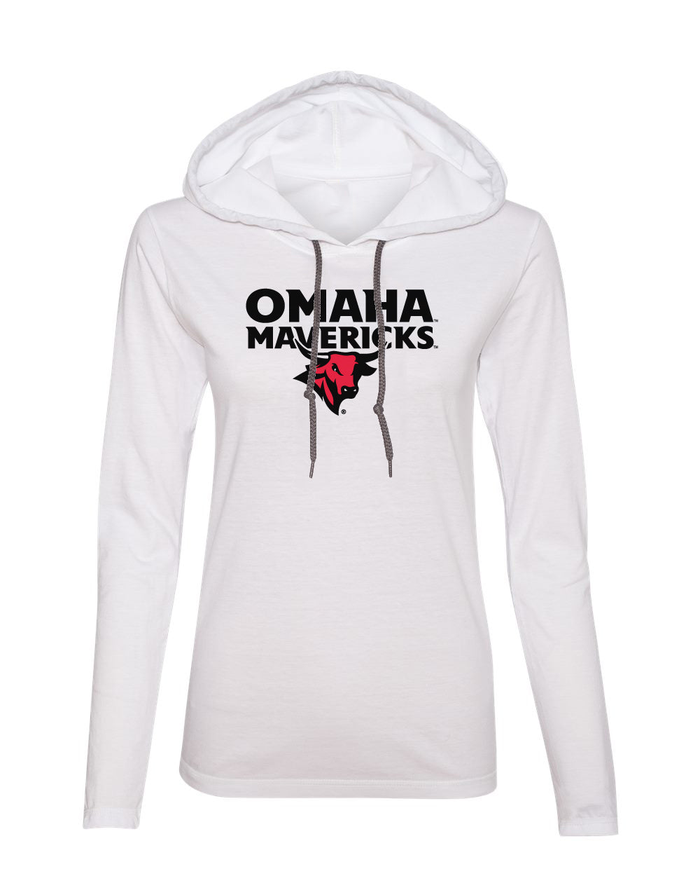 Women's Omaha Mavericks Long Sleeve Hooded Tee Shirt - Omaha Mavericks with Bull on White