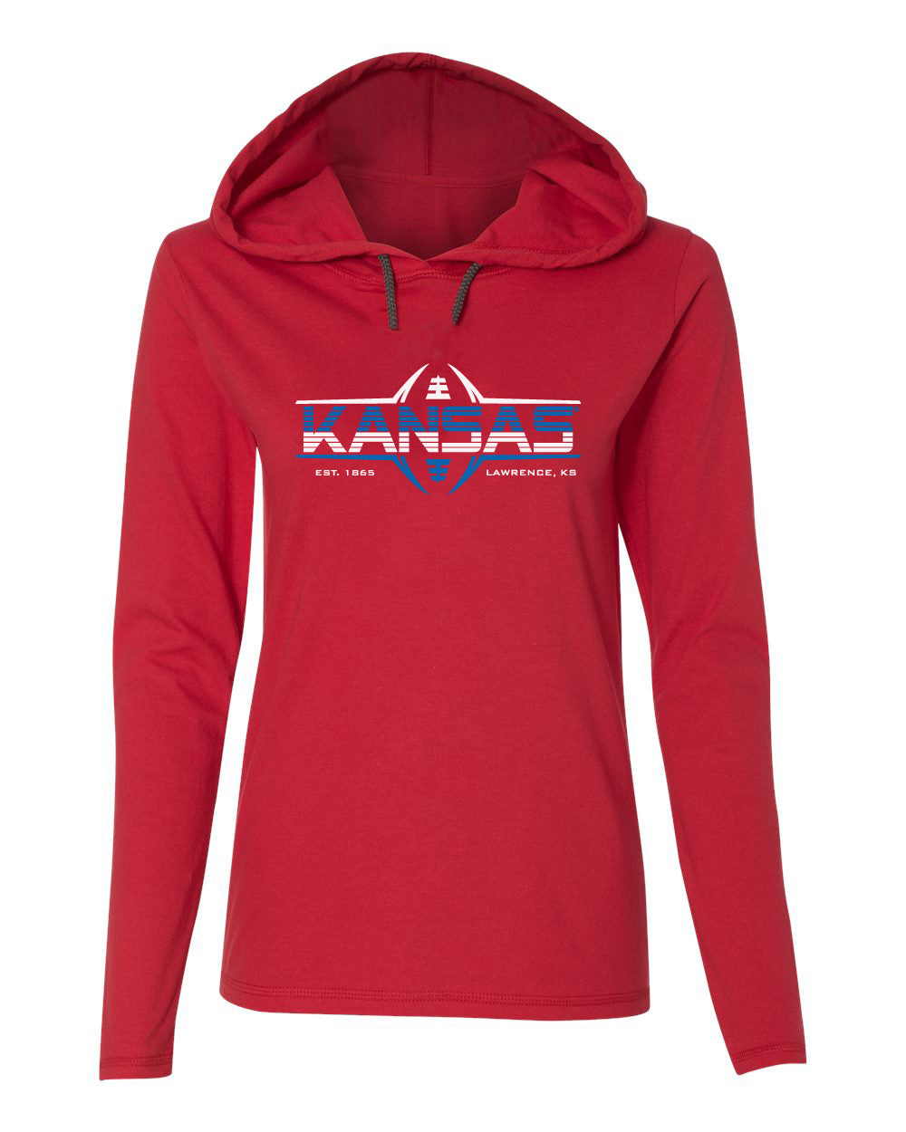 Women's Kansas Jayhawks Long Sleeve Hooded Tee Shirt - Kansas Football Laces