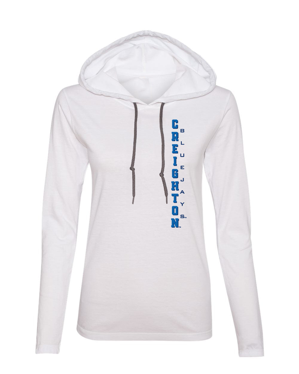 Women's Creighton Bluejays Long Sleeve Hooded Tee Shirt - Vertical Creighton Bluejays