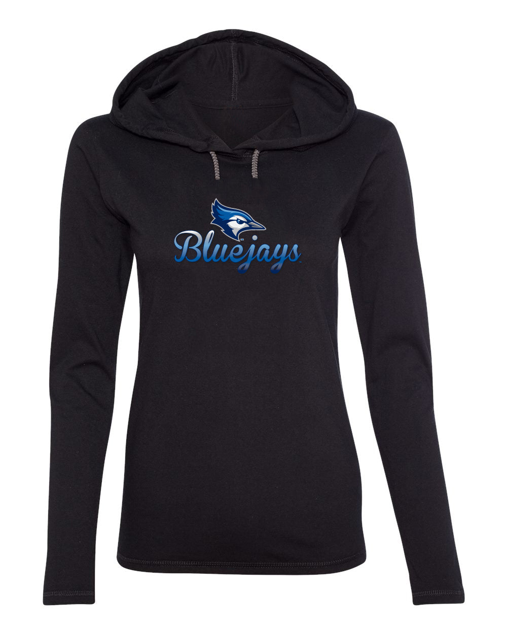 Women's Creighton Bluejays Long Sleeve Hooded Tee Shirt - Script Bluejays Full Color Fade