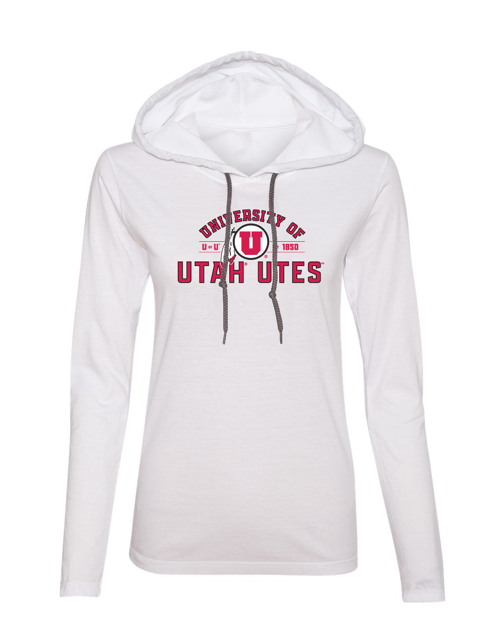 Women's Utah Utes Long Sleeve Hooded Tee Shirt - U of U Arch with Circle Feather Logo