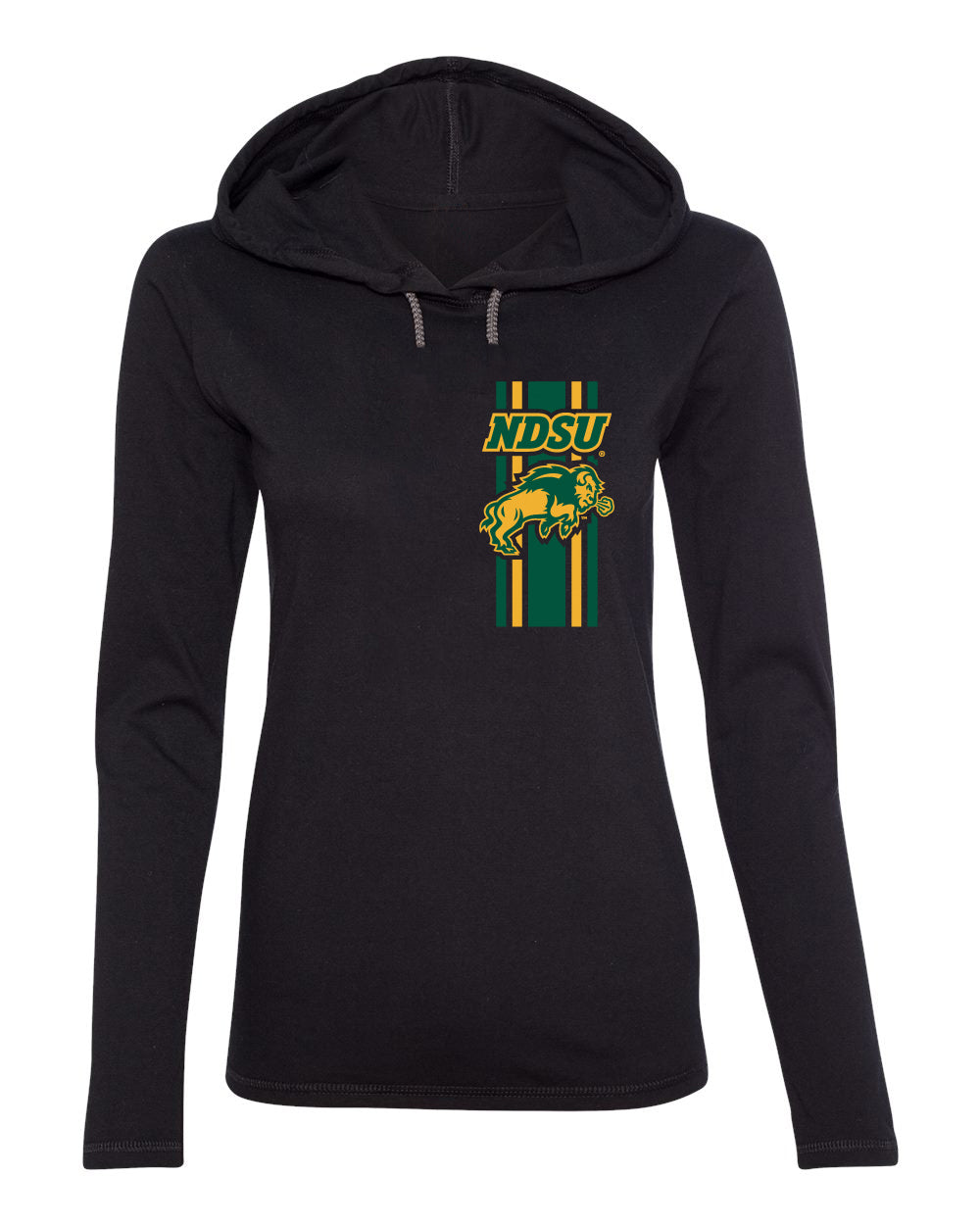 Women's NDSU Bison Long Sleeve Hooded Tee Shirt - Bison Logo Vertical Stripe