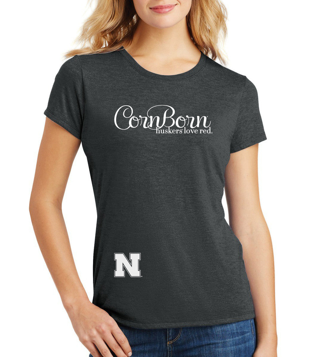 Women's Nebraska Cornhuskers CornBorn Script "huskers love red" Premium Tri-Blend Tee Shirt