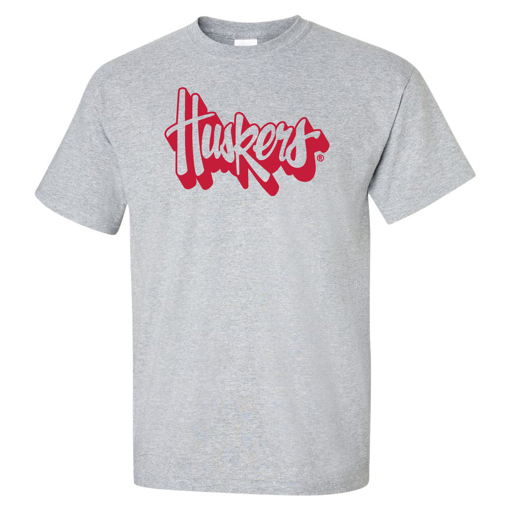 Nebraska Huskers Tee Shirt - Red Script Huskers Outline
