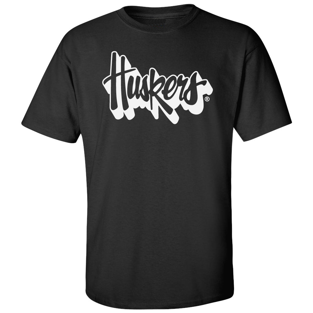 Nebraska Huskers Tee Shirt - White Script Huskers Outline