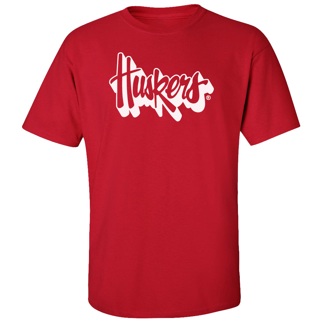 Nebraska Huskers Tee Shirt - White Script Huskers Outline