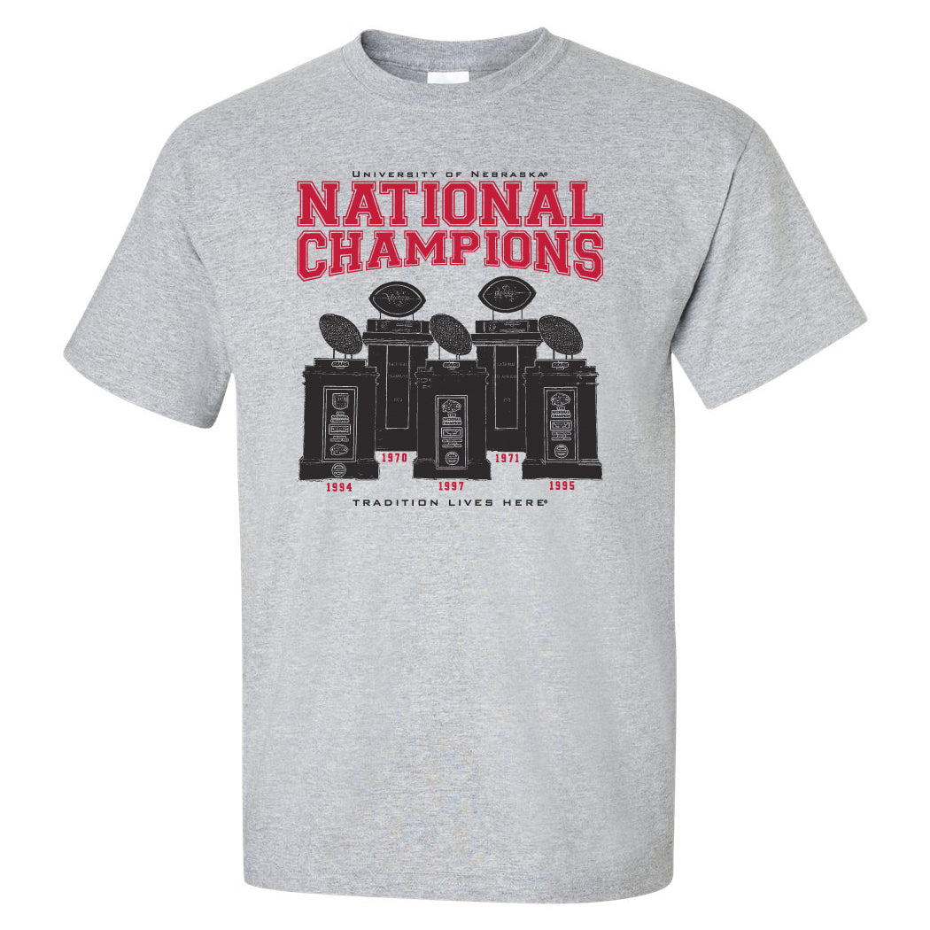 Nebraska Huskers Tee Shirt - Football National Champions Trophies