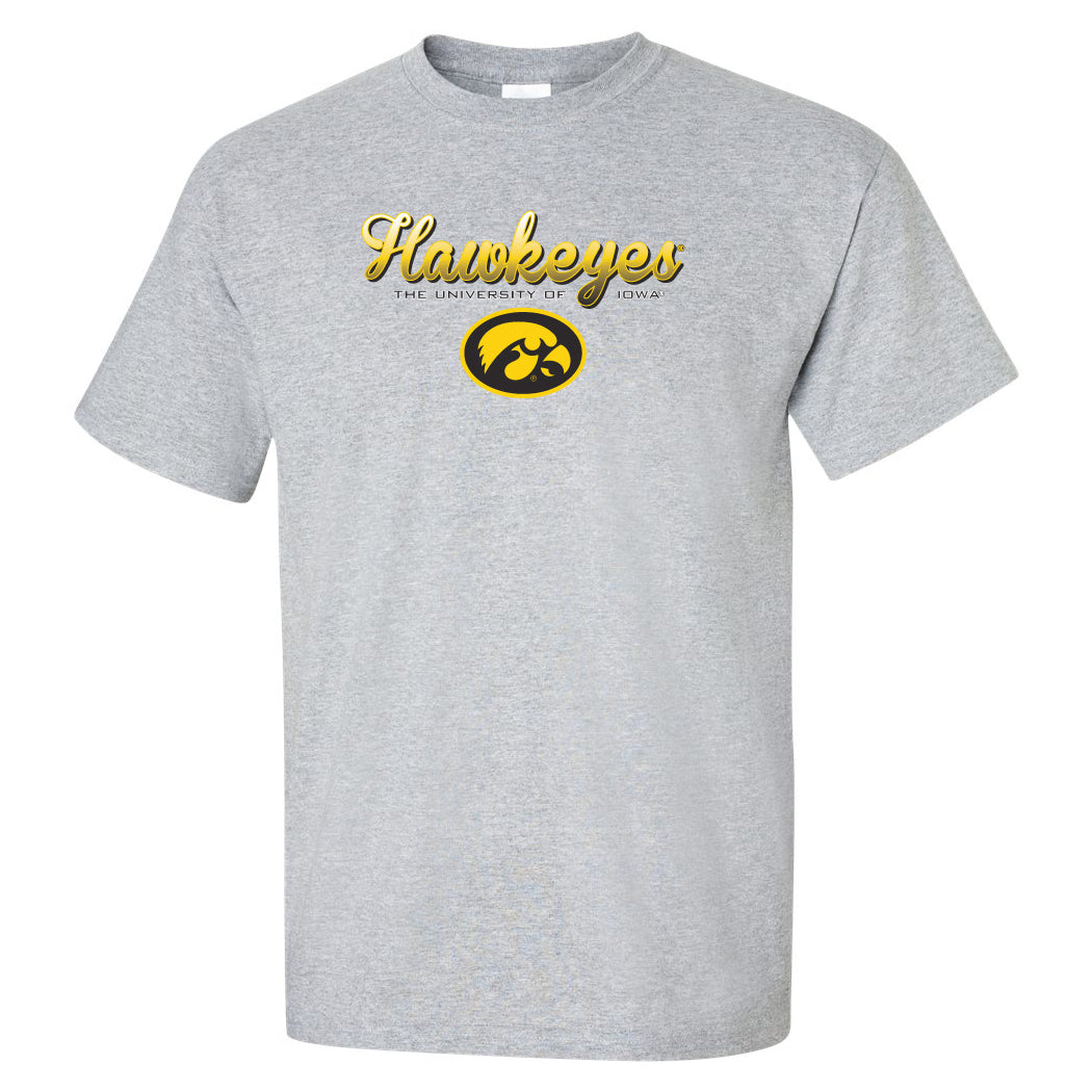 Iowa Hawkeyes Tee Shirt - Script Hawkeyes Full Color Fade Oval Tigerhawk
