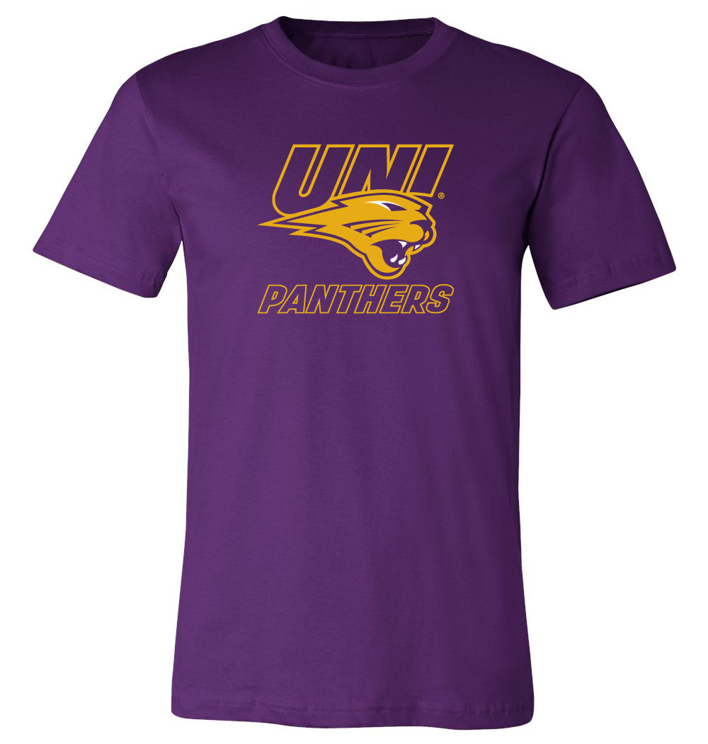 Northern Iowa Panthers Tee Shirt - Gold UNI Panthers Logo on Purple
