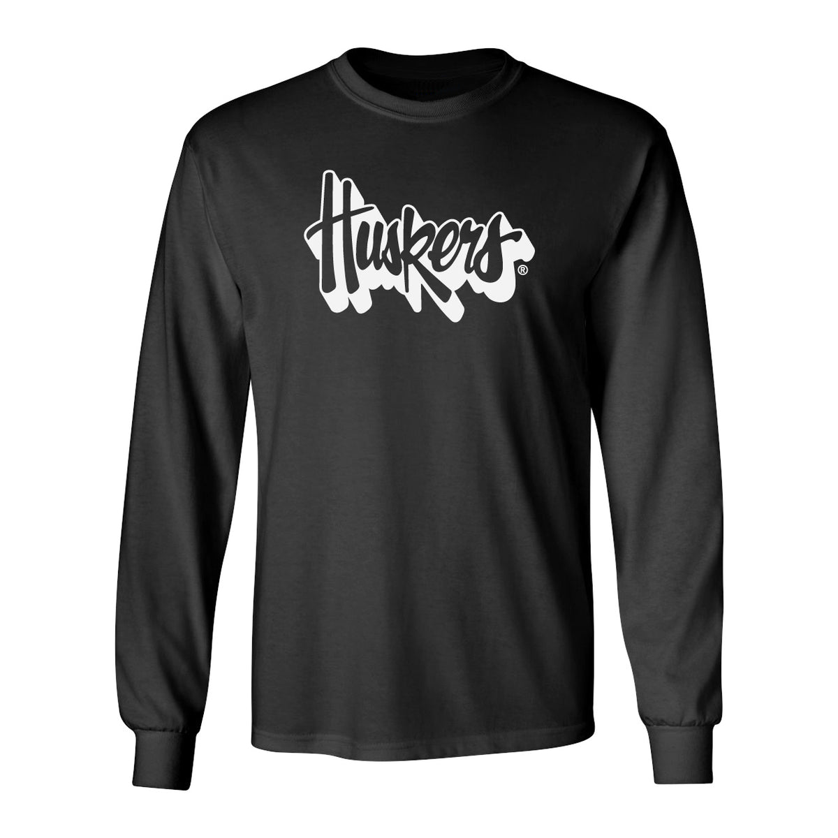 Nebraska Huskers Long Sleeve Tee Shirt - White Script Huskers Outline