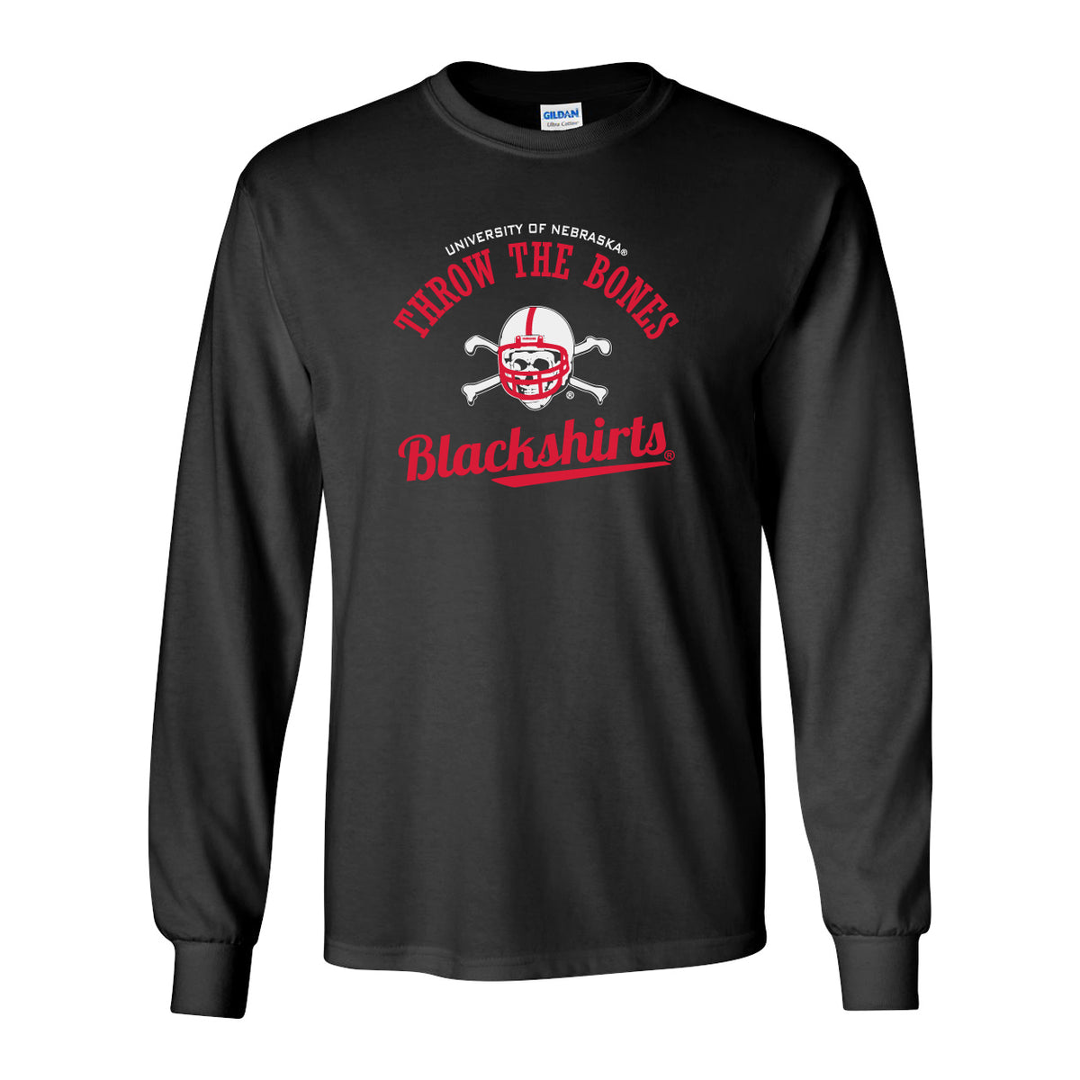 Nebraska Husker Tee Shirt Long Sleeve - Script Blackshirts THROW THE BONES