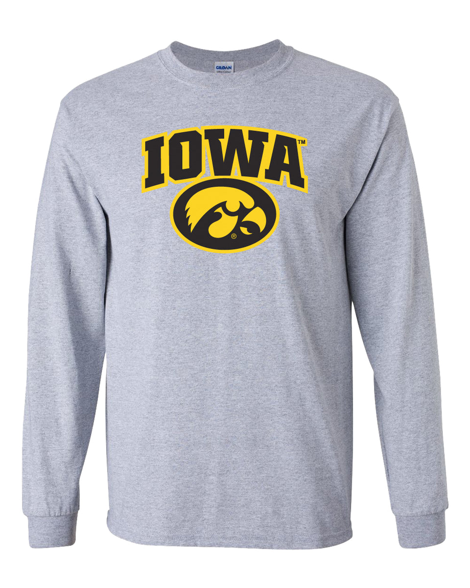 Iowa Hawkeyes Long Sleeve Tee Shirt IOWA Oval Tigerhawk on Gray