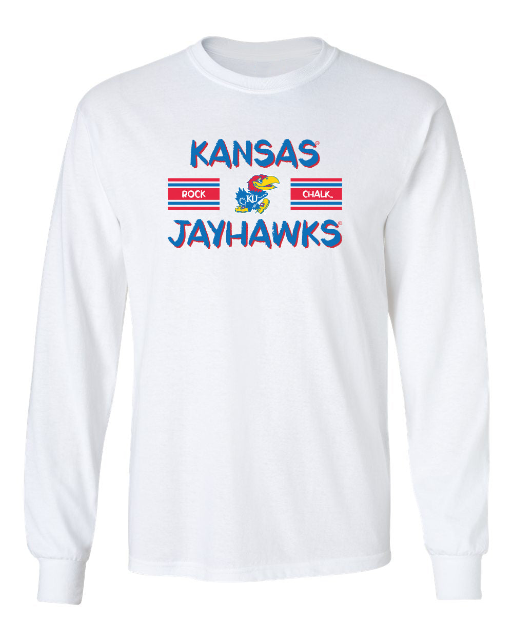 Kansas Jayhawks Long Sleeve Tee Shirt - Horiz Stripe Rock Chalk
