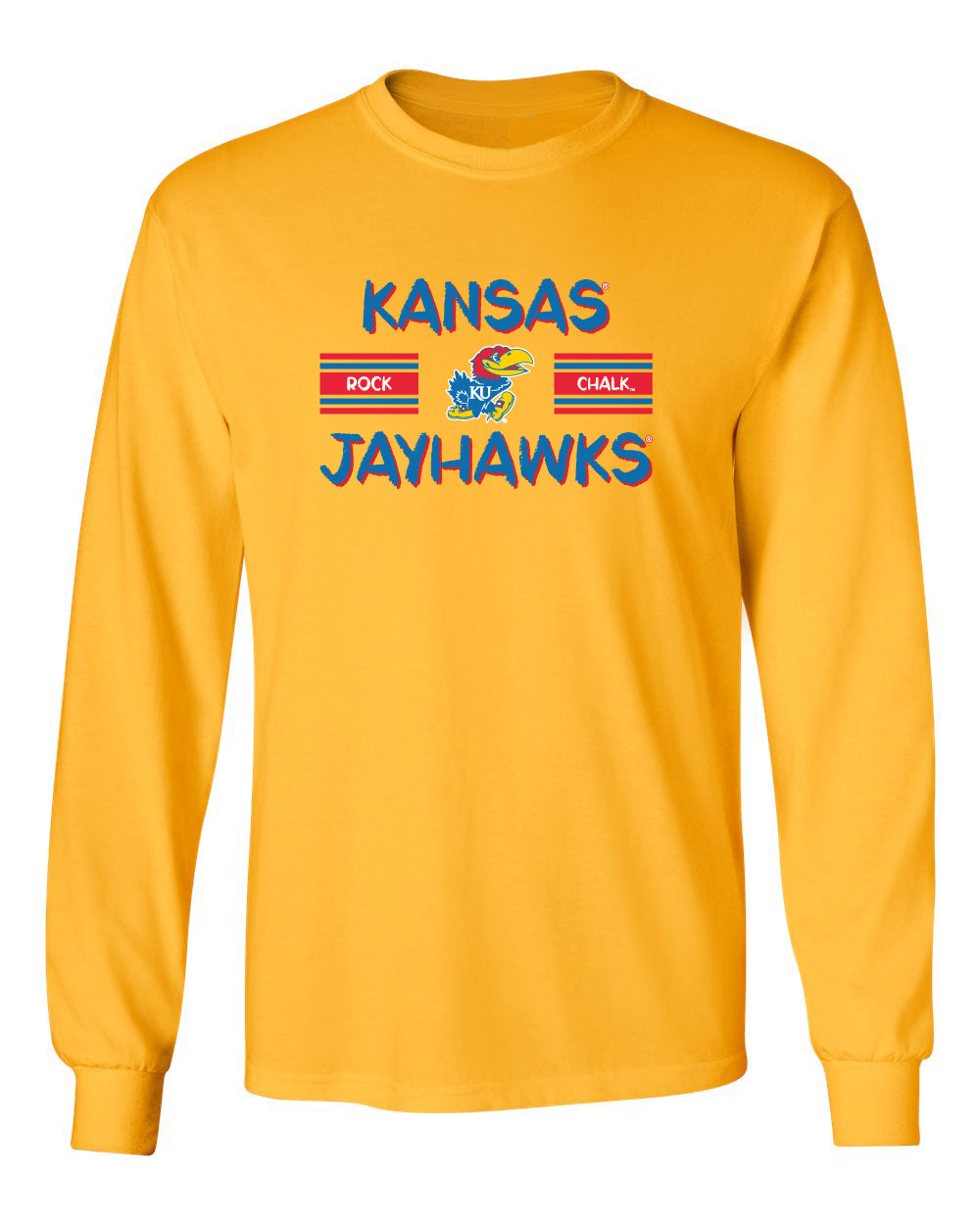 Kansas Jayhawks Long Sleeve Tee Shirt - Horiz Stripe Rock Chalk